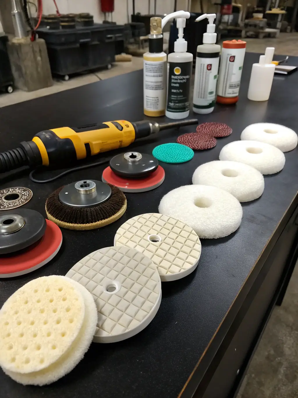 An image of a professional-grade car polisher with various polishing pads.