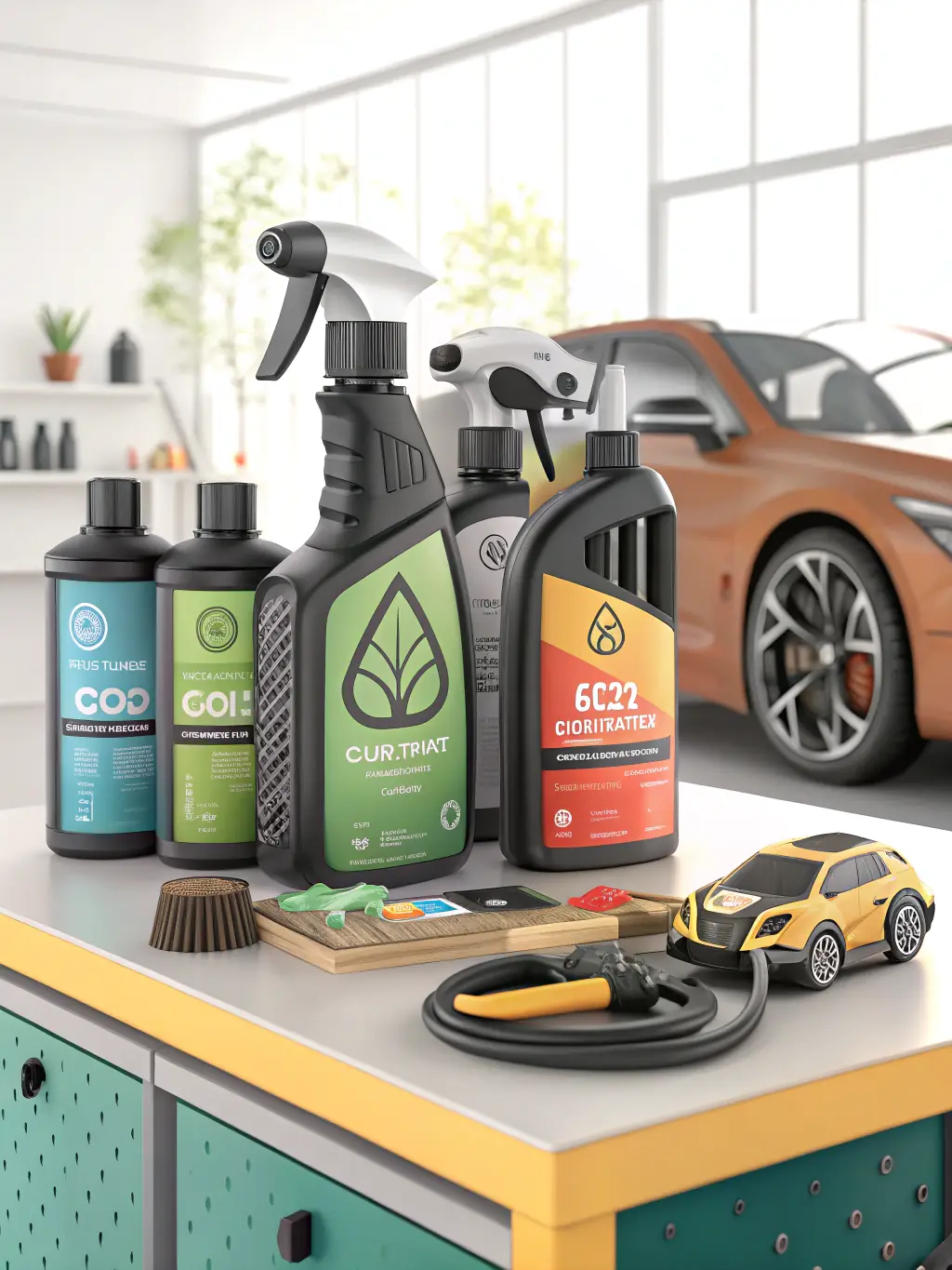 An image showcasing a variety of detailing chemicals, brushes, and polishing tools arranged neatly on a workbench.